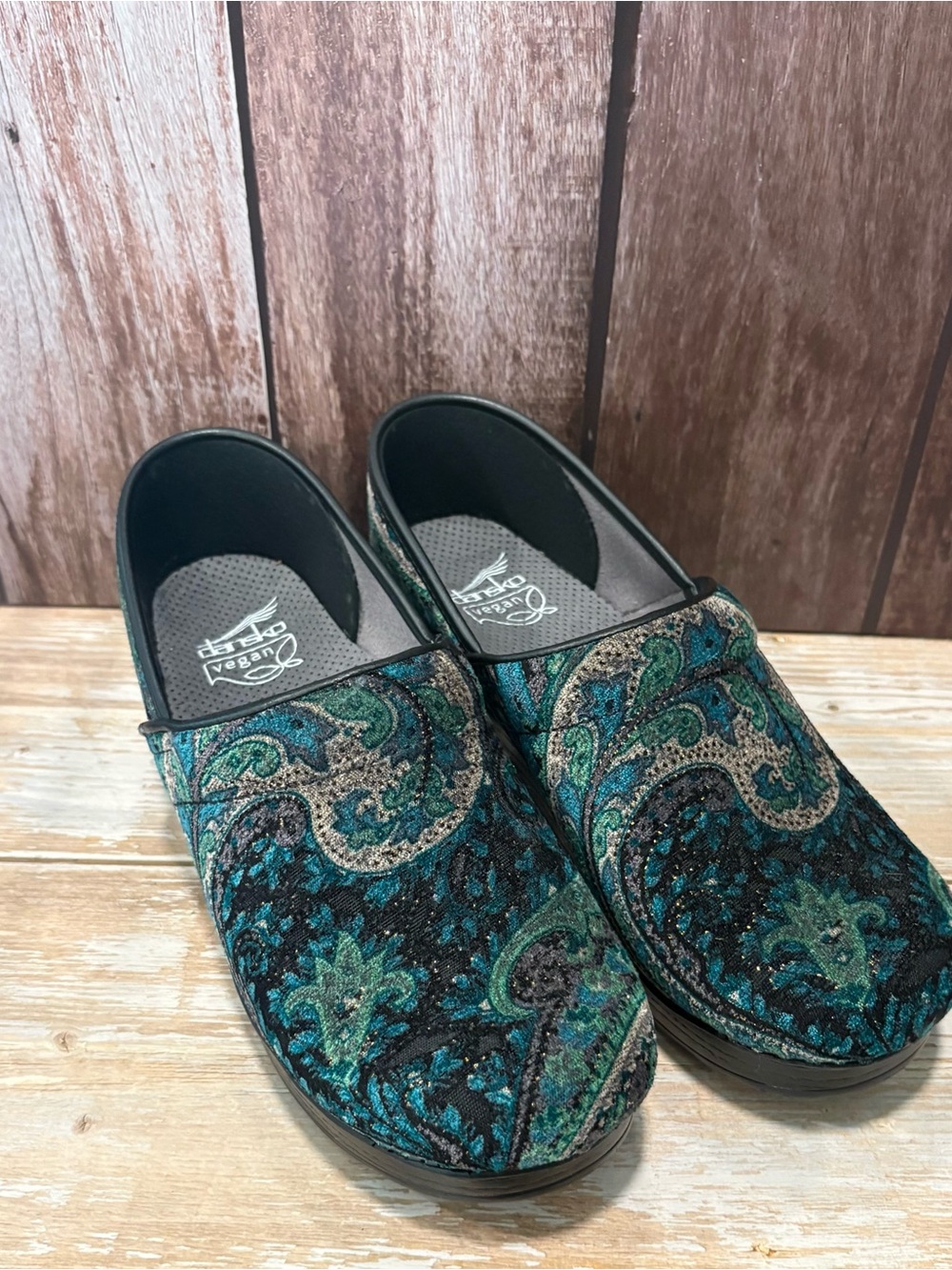 Dansko Vegan Pro Tapestry Teal and Black Paisley Clog